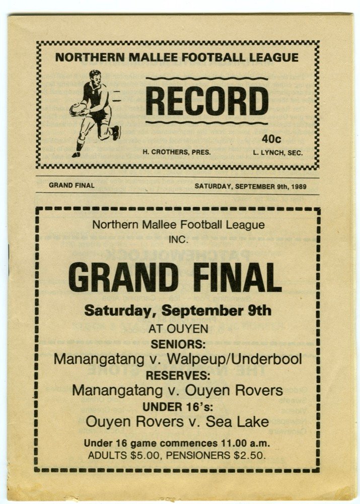 Grand Final Record, Northern Mallee Football League, 1989