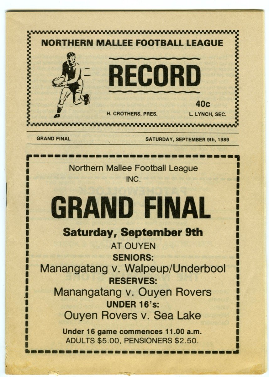 Grand Final Record, Northern Mallee Football League, 1989
